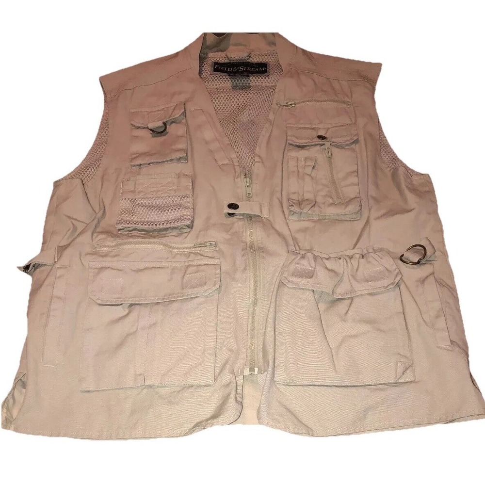 Vtg STREAM & FIELD Mens Photograph Fishing Vest Beige Khaki Sz Large 21-Pocket